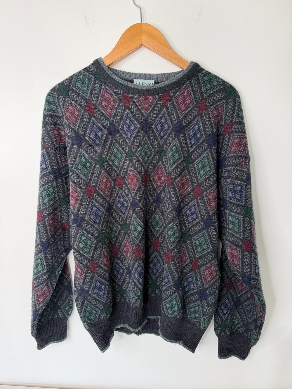 Vintage Alfani Men’s Large Made in Italy Wool Blend Geometric Crewneck Sweater